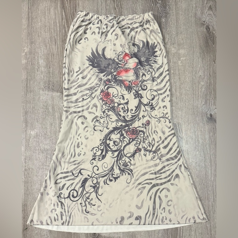 Cider Heart Wings Mermaid Maxi Skirt XL Graphic Tattoo Print - Picture 2 of 5